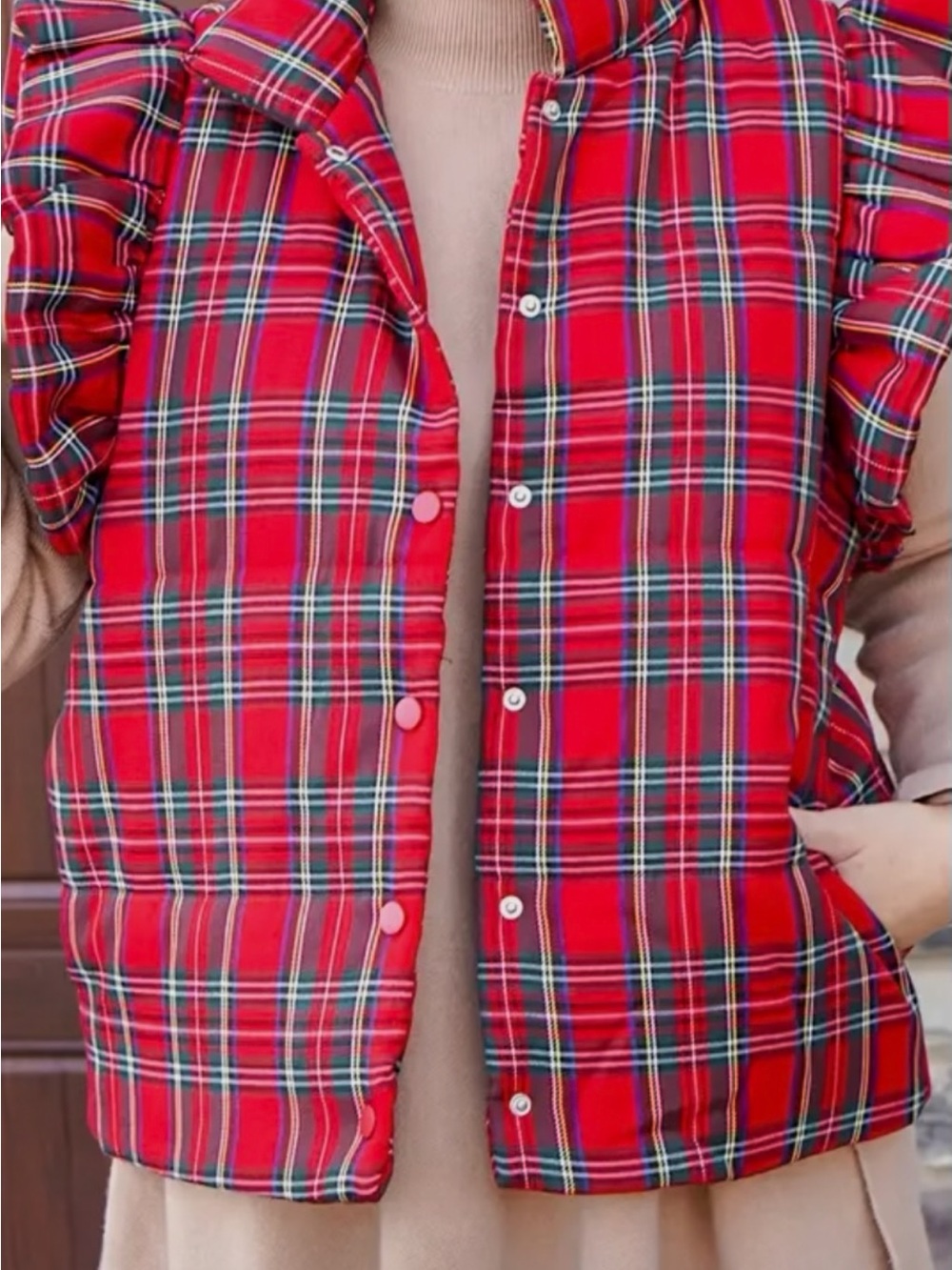 Women's Red Plaid Puffer Vest - Sleeveless Quilted Layering Vest